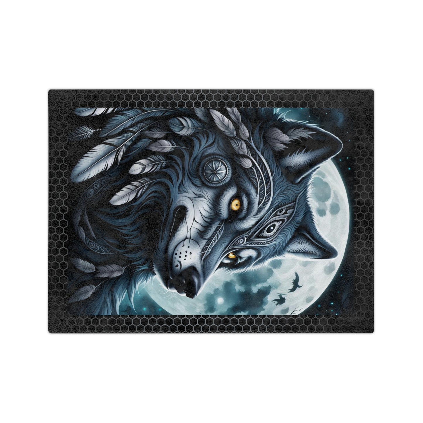 Spirit Wolf Blanket, Indian Wolf Design Tribal Headdress Blanket, Black and White Blanket, Velveteen Blanket Microfiber Blanket, Native-Inspired Blanket.