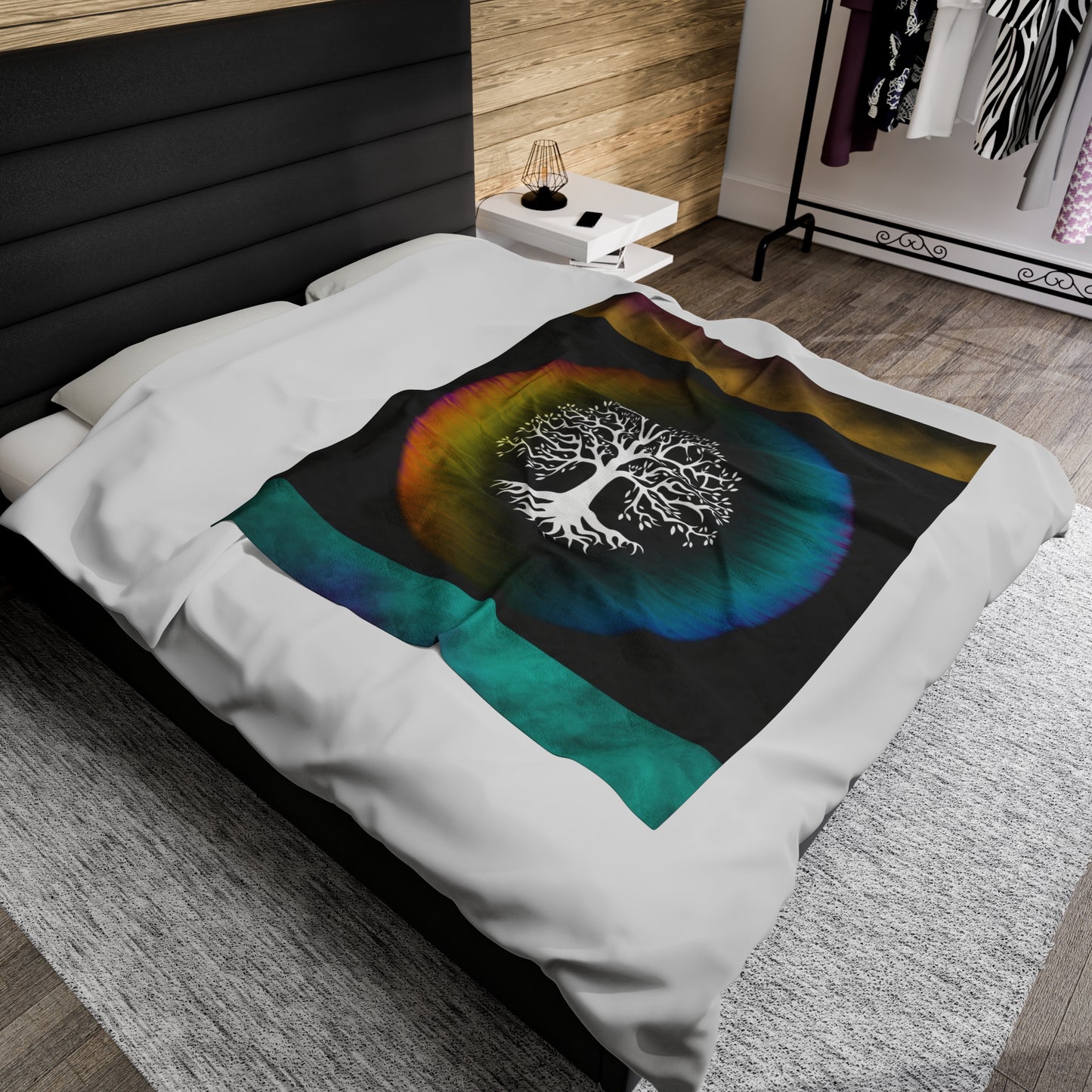 Tree of Life Plush Blanket, Rainbow Circle Velveteen Throw, Spiritual Home Decor Blanket, Cozy and Soft Symbolic Blanket, Nature-Inspired Velveteen Blanket.