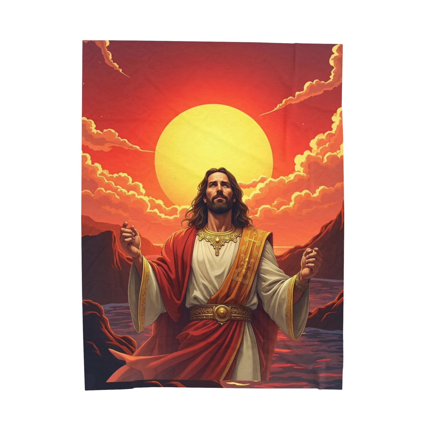 Jesus sunrise blanket, Spiritual decor blanket, Religious comfort throw, Inspirational Christian blanket, Sunrise with Jesus design Faith-based blanket, Peaceful morning scene, Velveteen Plush Blanket.