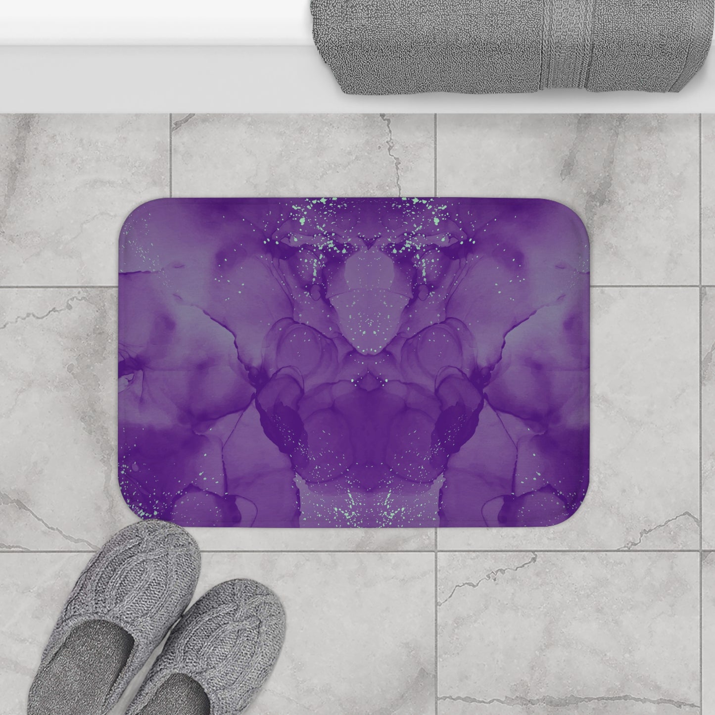 Purple Light Green Specks Bathmat, Vibrant Bathroom Floor Mat, Soft and Absorbent Bath Rug Housewarming gift bathmat.