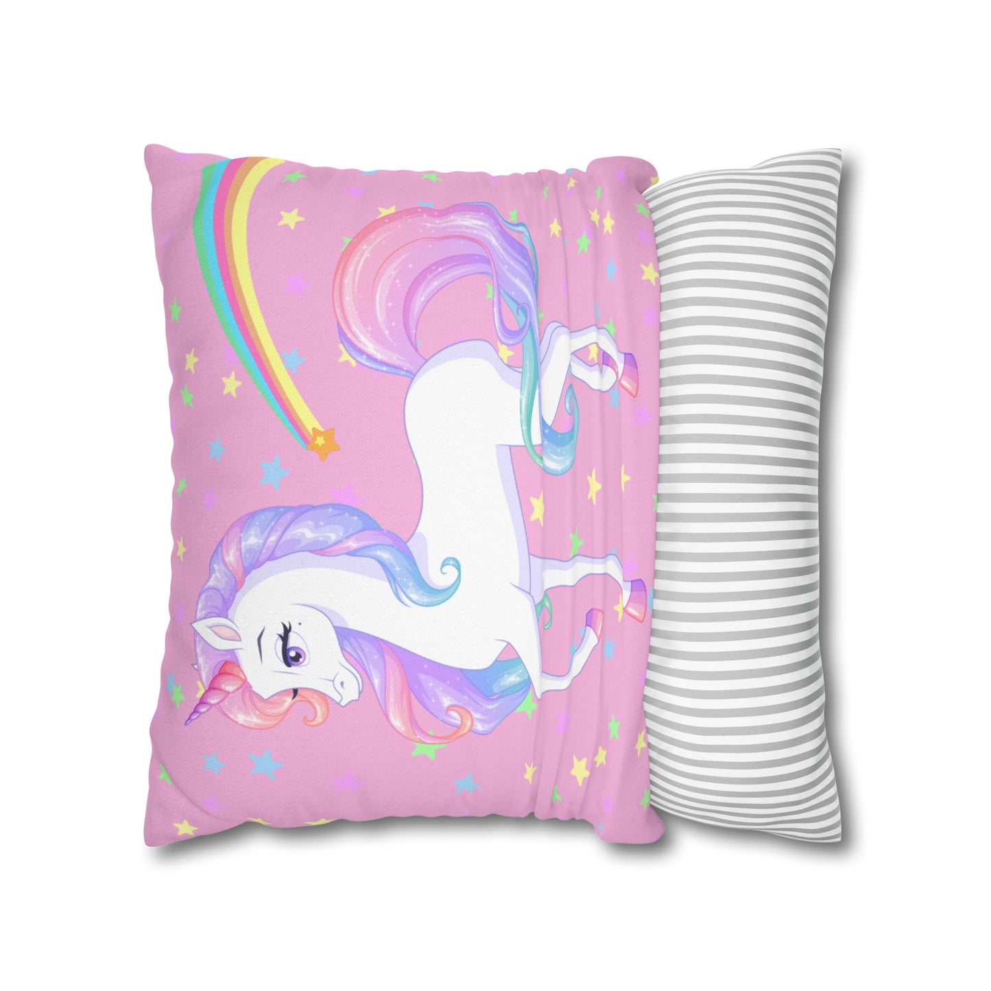 Pink Unicorn Square Pillowcase, Rainbow and Stars Pillow Cover, Magical Unicorn Bedroom Accent, Girls' Room Decorative Pillowcase.