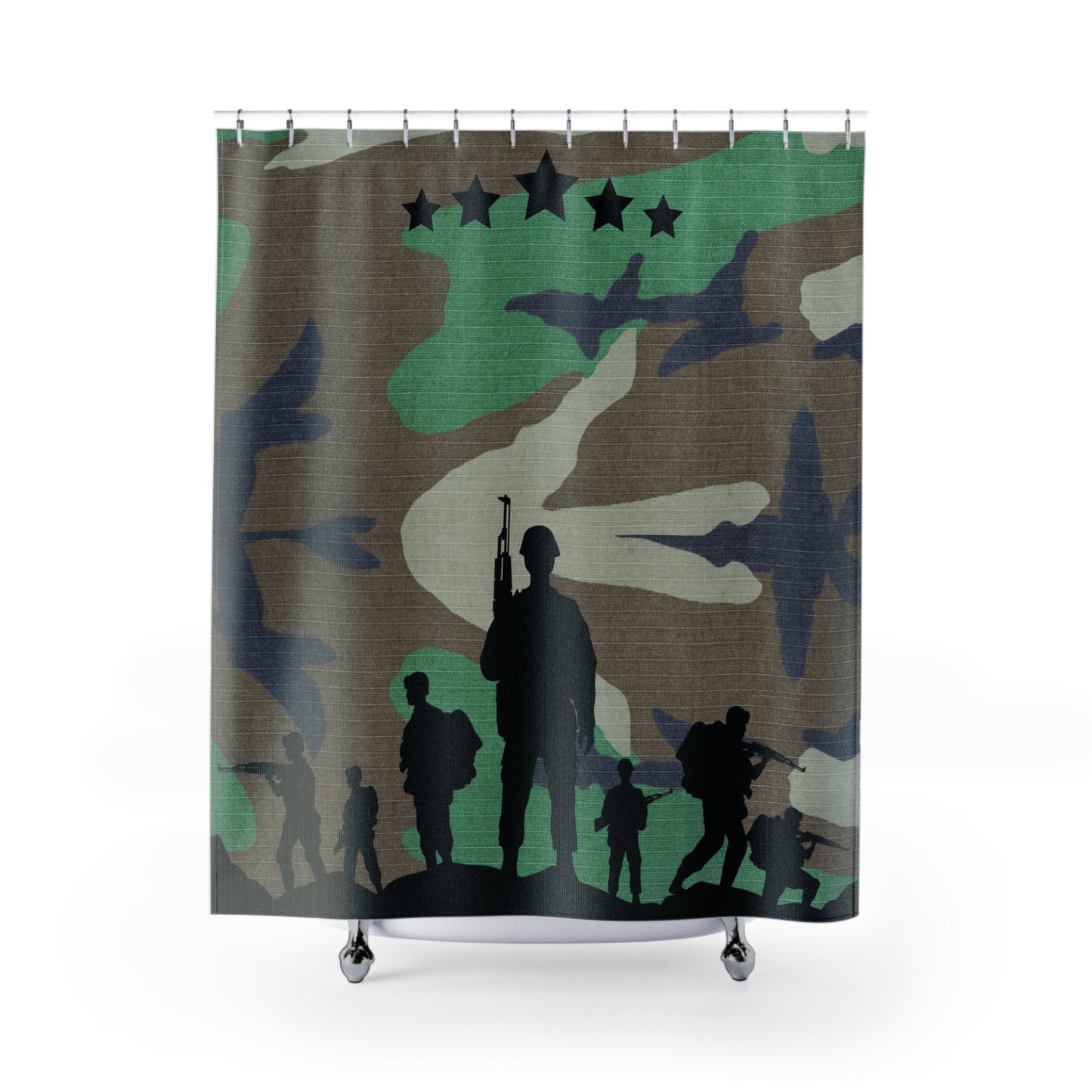 Army shower curtain, camouflage shower curtain, military shower decor, patriotic bathroom decor, army men and stars design, Shower Curtains, military-inspired home decor.