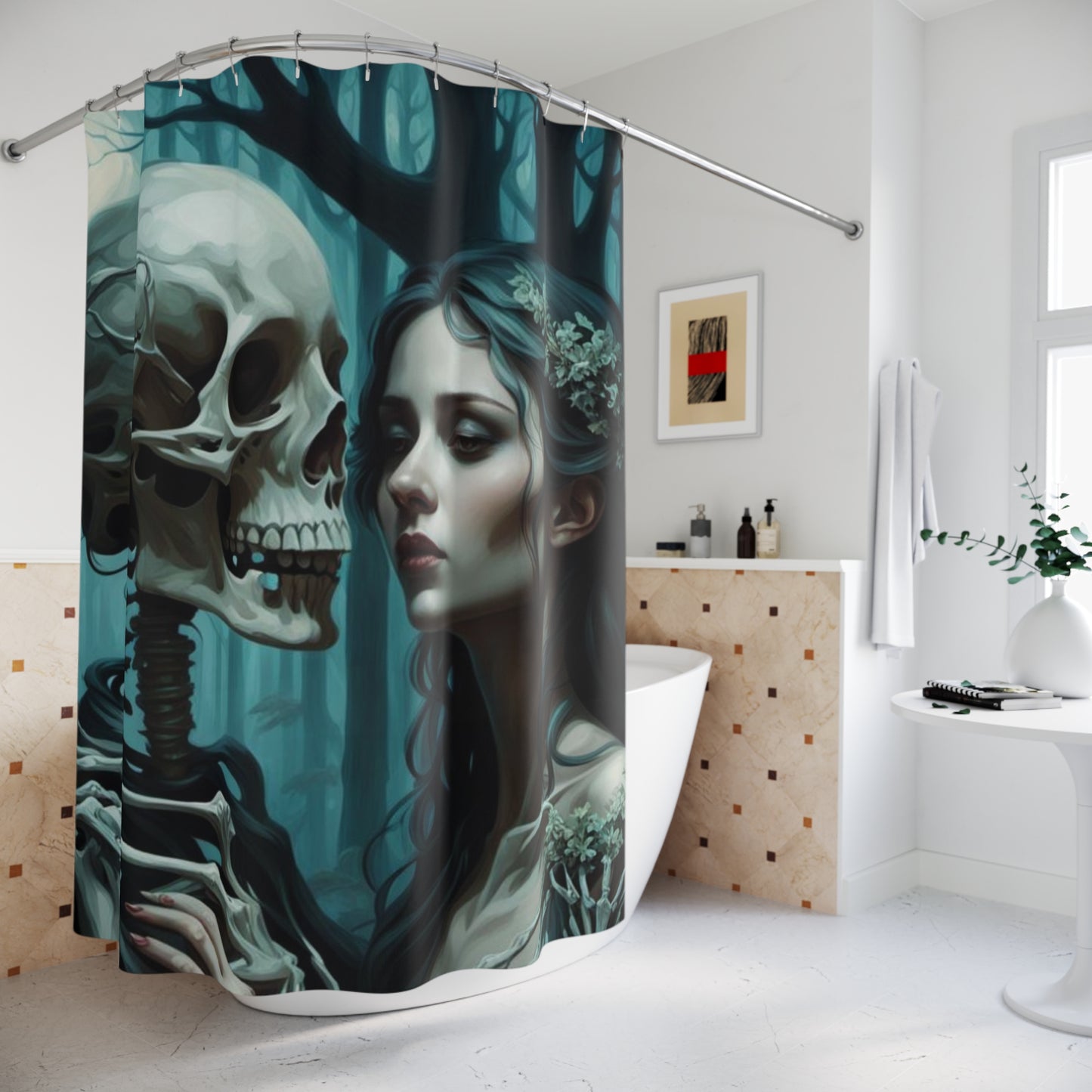 Gothic Love Skull Shower Curtain, Romantic Skull and Lady Bathroom Decor, Gothic Skeleton Shower Curtain, Artistic Skull Couple Embrace Curtain