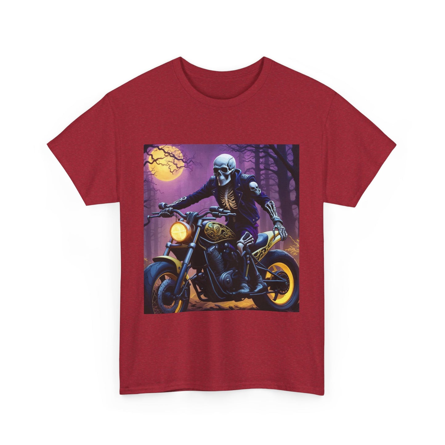 Skull Rider Graphic Tee, Midnight Biker T-Shirt, Gothic Motorcycle Cotton Shirt, Edgy Skull and Bike Design Shirt, Gothic Moon and Motorcycle Shirt.