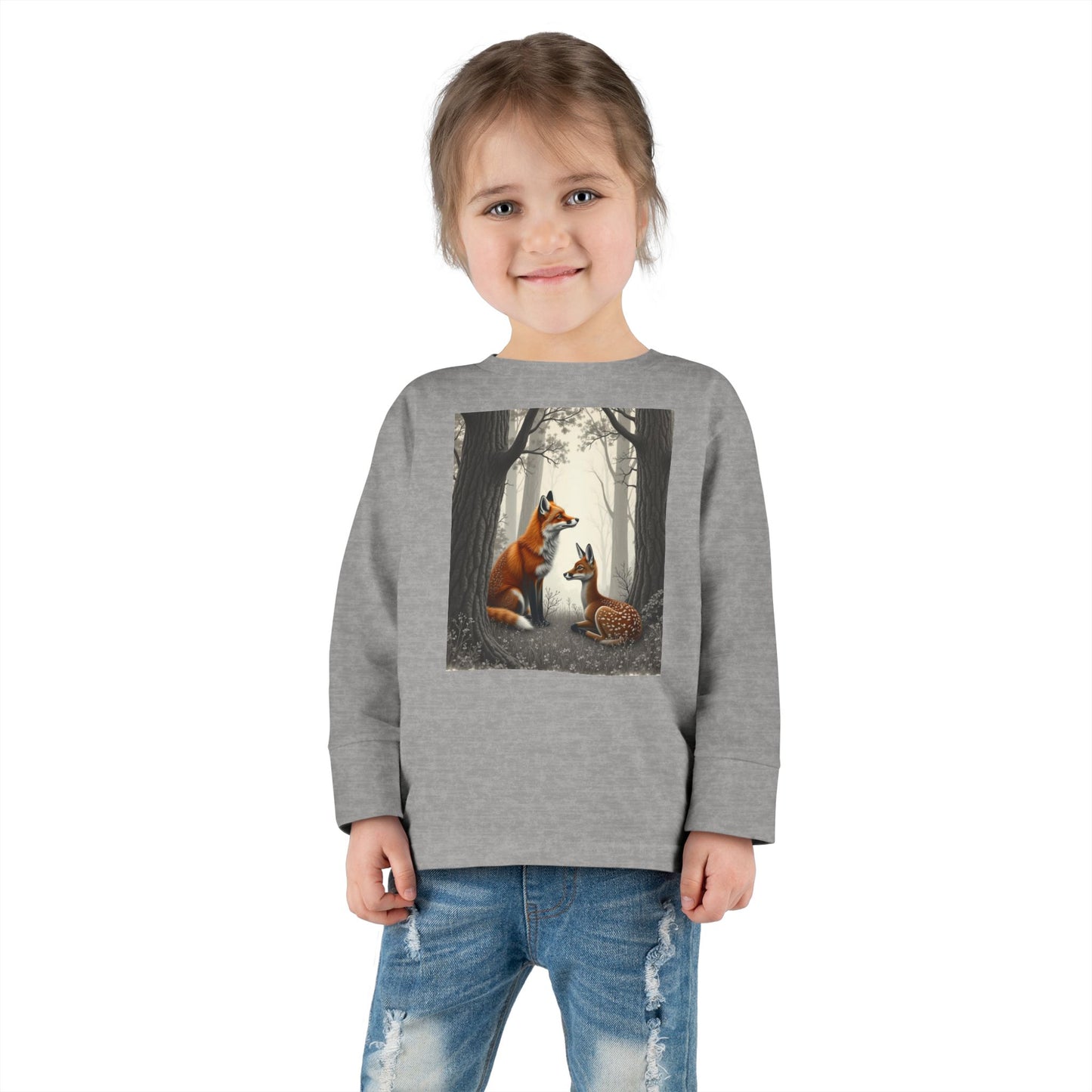 Fox and Baby Deer and Fox Long-Sleeved, Shirt Woodland Animal Shirt for Kids Unisex, Kids Nature-Themed Shirt, Forest Animal Clothing for Kids, Boys and Girls Long Sleeve Top, Toddler Long Sleeve,