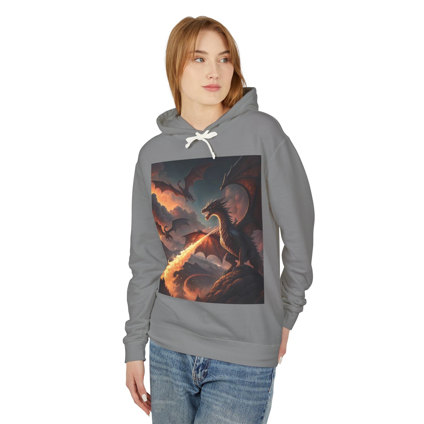 Dragon Graphic Hoodie, Fire-Breathing Dragon Pullover, Pocket-Free Dragon Hoodie, Fantasy-Inspired Hoodie, Mythical Creature Hooded Sweatshirt, Sleek Dragon Apparel.