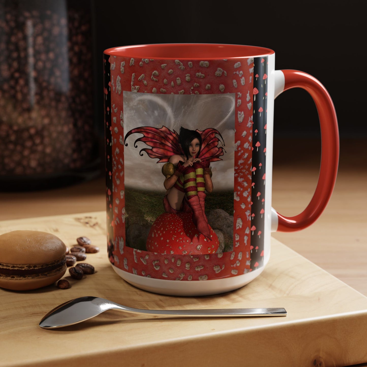 Fairy Coffee Mug, Red Mushroom Fairy Cup, Whimsical Ceramic Mug, Black and Red Mushroom Mug, Nature-Inspired Drinkware, Magical Fairy Tale Coffee Cup, (11, 15oz)