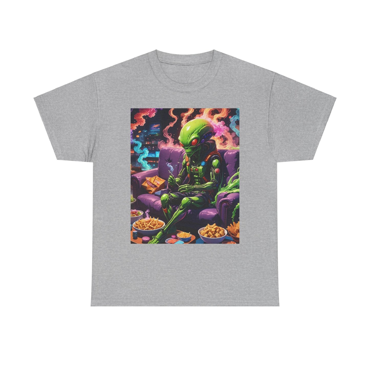 Alien Chilling Weed Tee, Fun Graphic Alien T-Shirt, Colorful Smoke Alien Design Shirt, Unique Weed-Themed Clothing, Unisex Heavy Cotton Tee.