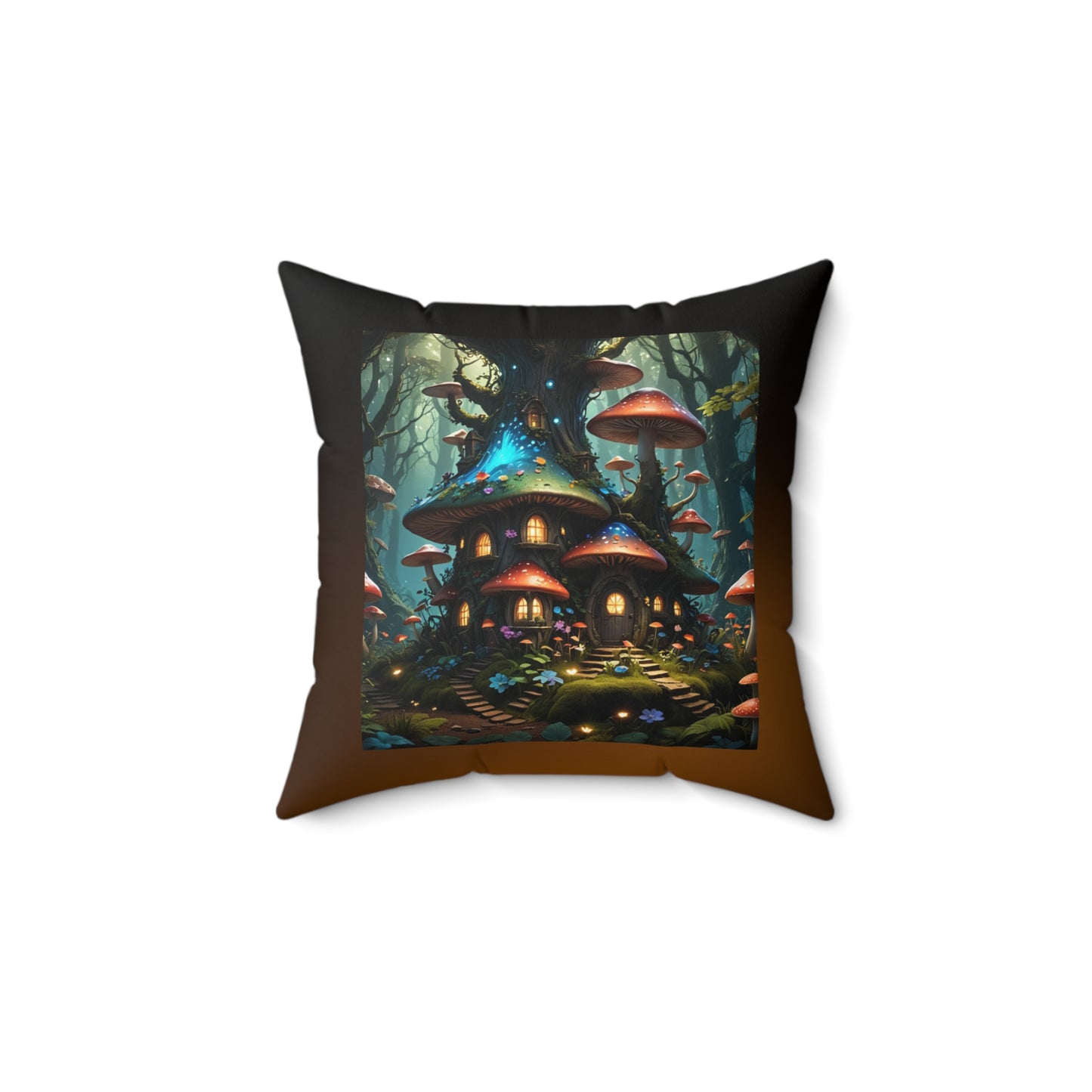 Mushroom Tree House Pillow, Fantasy-Themed Square Pillow, Nature-Inspired Pillow, Whimsical Home Decor, Spun Polyester Throw Pillow; Mushroom house Spun Polyester Square Pillow