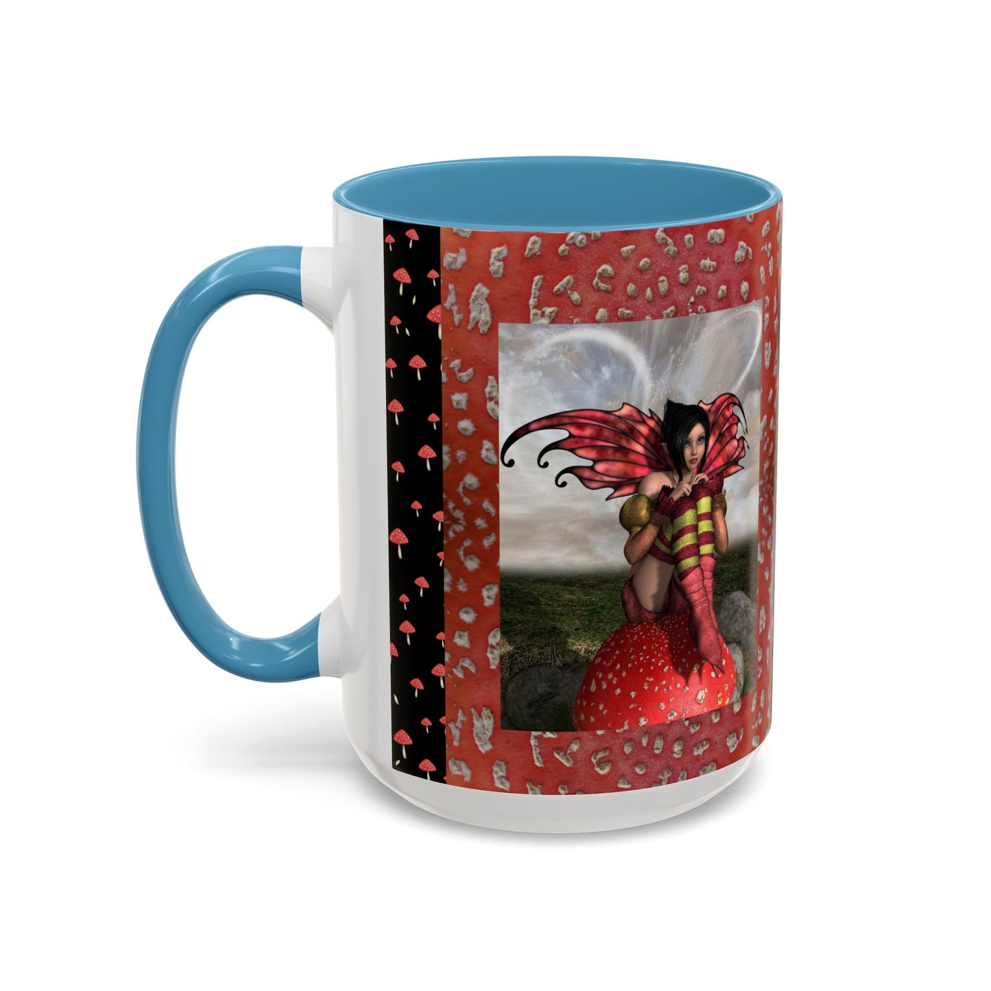 Fairy Coffee Mug, Red Mushroom Fairy Cup, Whimsical Ceramic Mug, Black and Red Mushroom Mug, Nature-Inspired Drinkware, Magical Fairy Tale Coffee Cup, (11, 15oz)