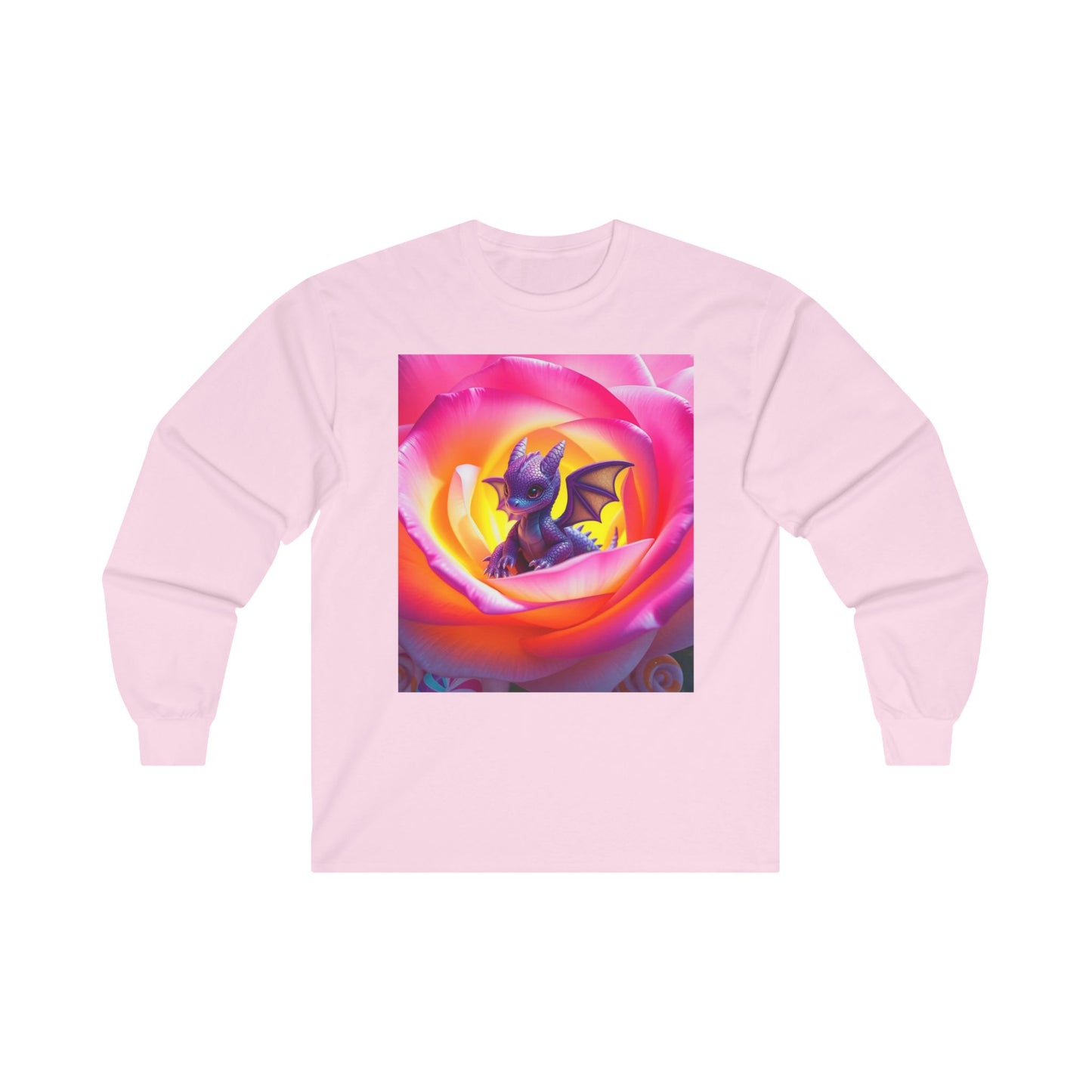 Baby dragon long-sleeved tee, Pink rose design, Fantasy apparel, Whimsical clothing, Dragon and rose art, Fantasy nature tee, Soft breathable tee, Dragon lover’s gift, Ultra Cotton Long Sleeve Tee