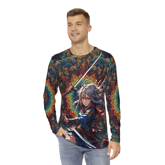 Rainbow Print Katana Girl Shirt, Long-Sleeve Anime Warrior Shirt, Colorful Samurai Girl Top All-Over Rainbow Graphic Shirt, Men's Long Sleeve Shirt (AOP)