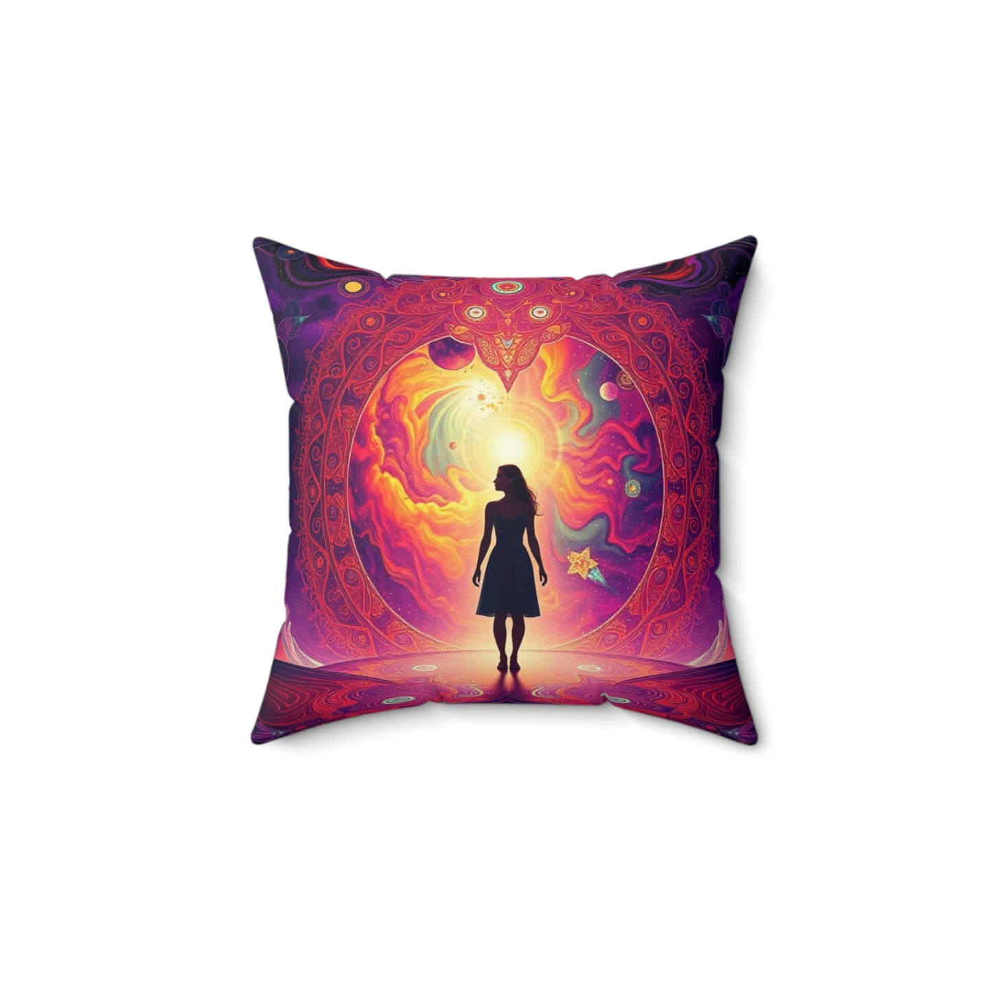 Mystical galaxy pillow, Woman on altar decor Celestial decorative pillow, Spiritual cosmic design, Sun rising galaxy pillow, Ethereal space decor, Spun Polyester Square Pillow.