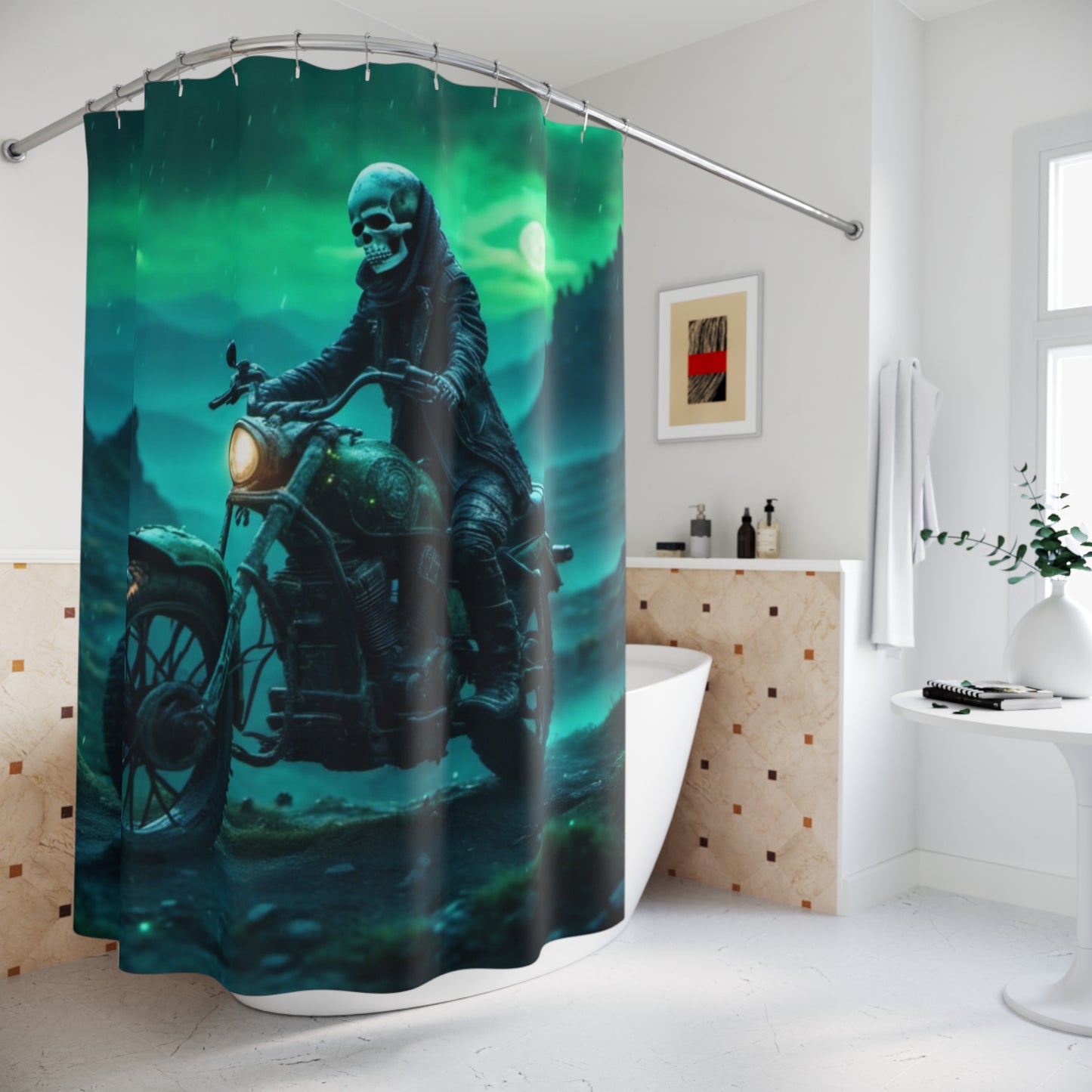 Skull Biker Shower Curtains, Lover of Skulls Shower curtain, Skeleton Biker Shower Curtain, Gift for Men Shower Curtain, Skull Biker Decor, Men's Housewarming Gift.