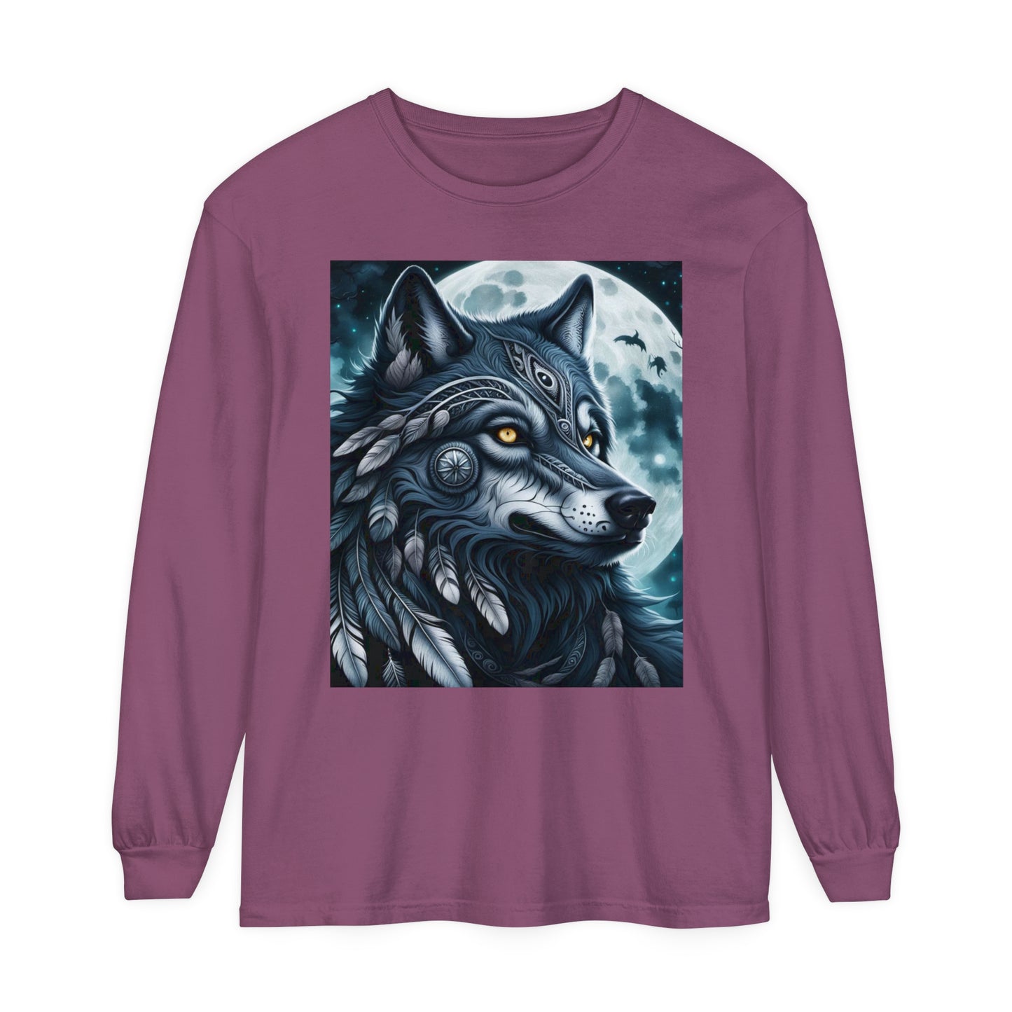 Long-Sleeved Tee Spirit Wolf Shirt, Indian Wolf Design Tribal Headdress Tee, Black and White Apparel, Casual Long Sleeve Wolf Top, Artistic Wolf Design.