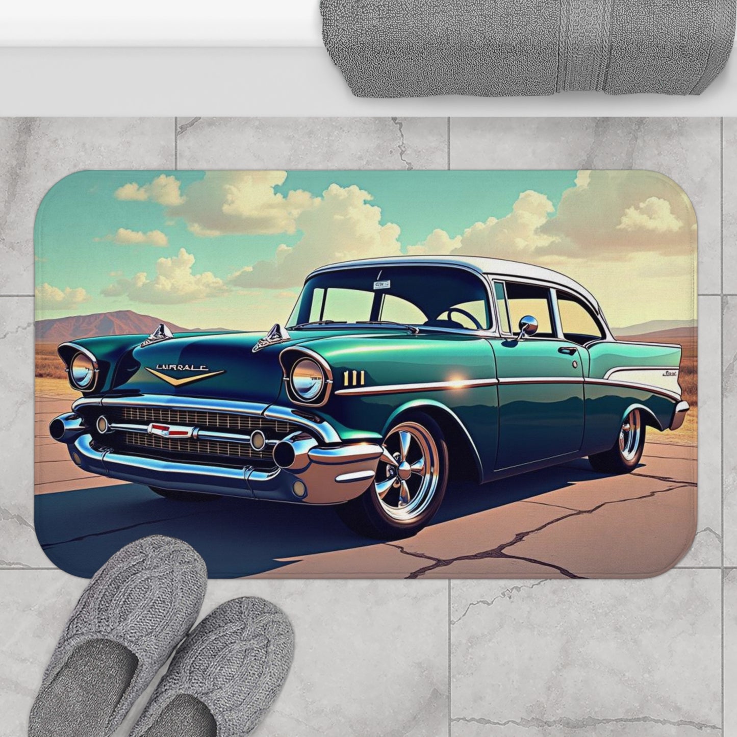 57 Chevy Bathmat, Chevy old car Bathmat, Gift for car lovers, Housewarming gift for Men Christmas Gift 57 Chevy Bath Rug, Old 57Chevy Shower Decor., Bath Mat