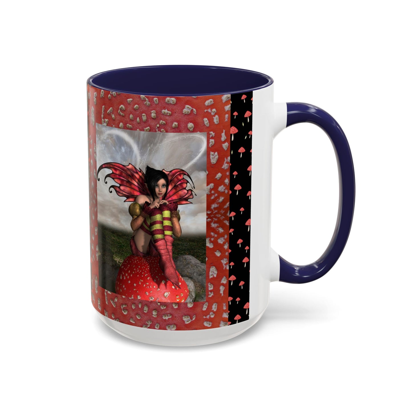 Fairy Coffee Mug, Red Mushroom Fairy Cup, Whimsical Ceramic Mug, Black and Red Mushroom Mug, Nature-Inspired Drinkware, Magical Fairy Tale Coffee Cup, (11, 15oz)