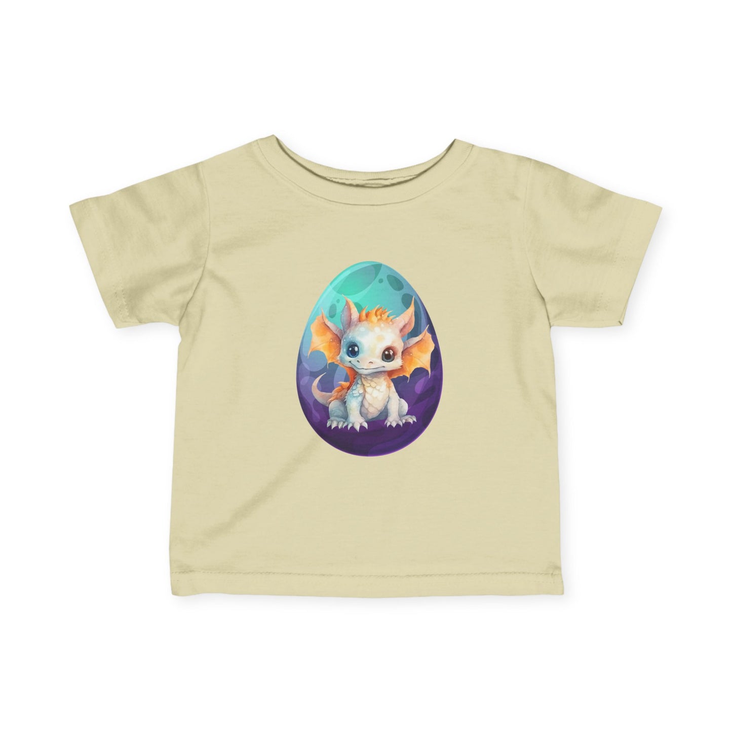 Dino Egg Infant Tee, Turquoise and Purple Baby T-Shirt, Cute Baby Dinosaur Graphic, Infant Fine Jersey Tee, Dino-Themed Baby Apparel, Vibrant and Playful Baby T-Shirt.