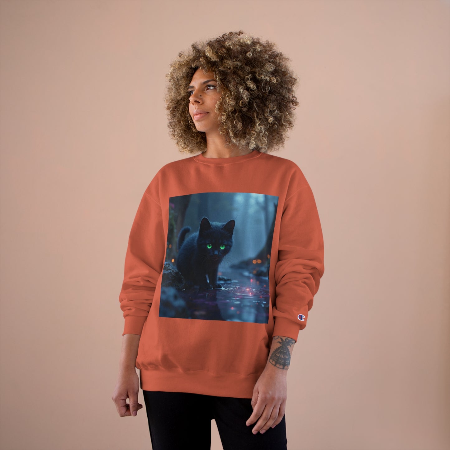 #BlackCatSweatshirt, #CatApparel, #BlackCatMagic, #CatFashion, #MysticalKitty, #FelineFashion, #BlackCatDesign, #WitchyVibes, #CatLoverStyle, #EnchantedCat, Champion Sweatshirt