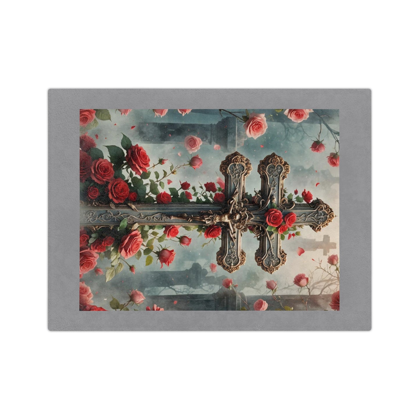 Jesus on the Cross Throw Blanket, Religious Velveteen Blanket, Faith-Inspired Home Décor, Christian Symbolism Blanket, Red Roses and Cross Design Blanket,