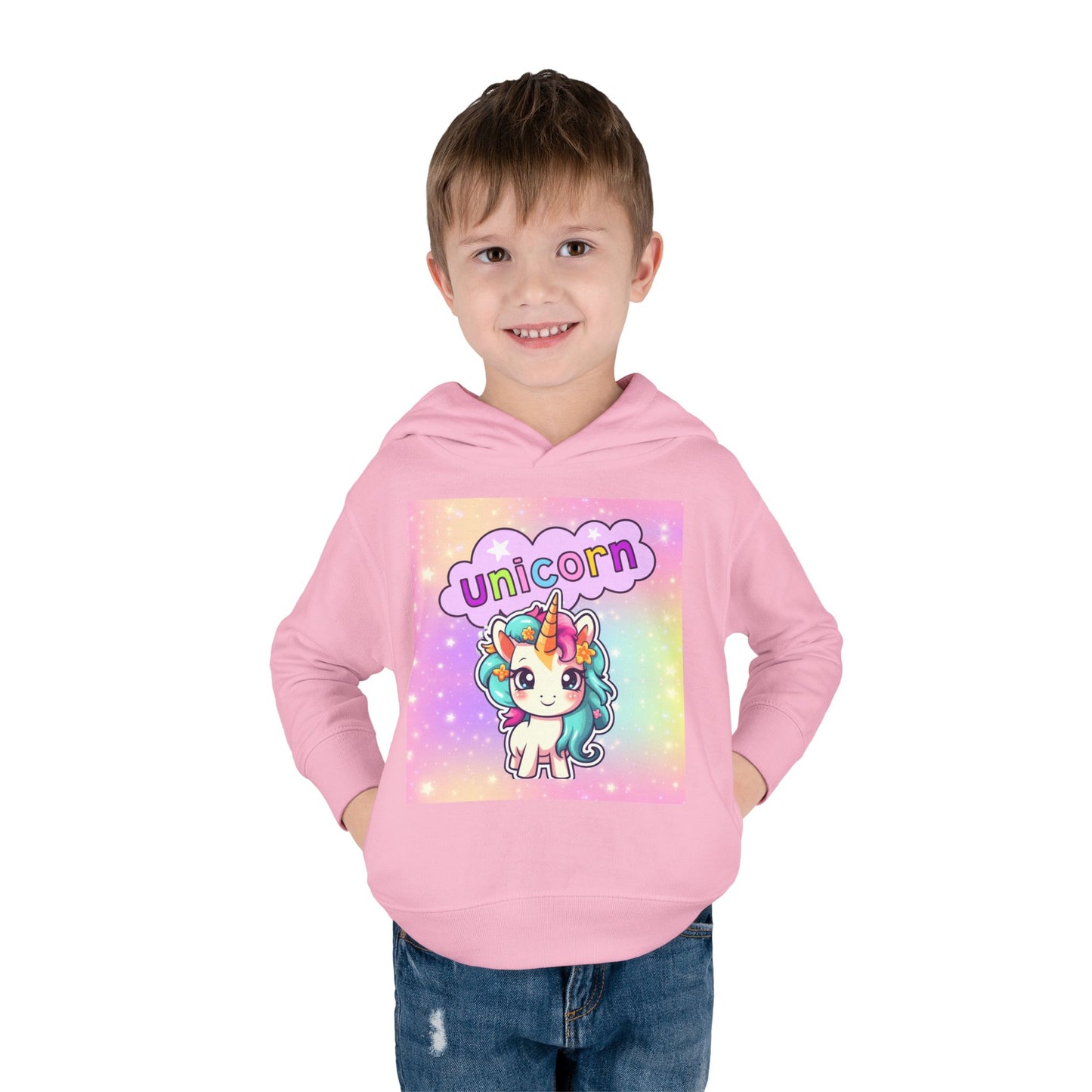 Toddler Unicorn Hoodie, Baby Unicorn Fleece Pullover, Rainbow Background Kids Hoodie, Cozy Toddler Unicorn Sweatshirt, Cute Unicorn Graphic Hoodie.