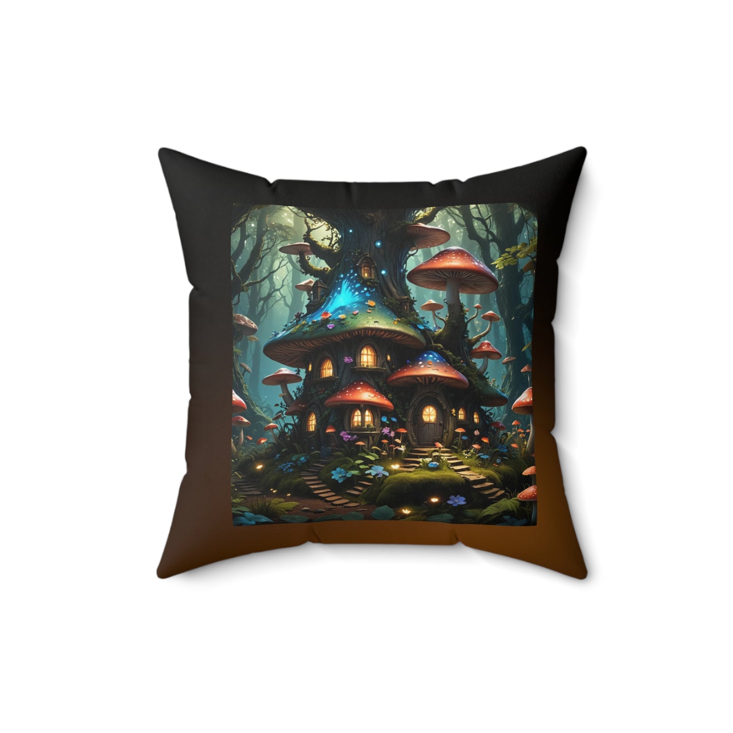 Mushroom Tree House Pillow, Fantasy-Themed Square Pillow, Nature-Inspired Pillow, Whimsical Home Decor, Spun Polyester Throw Pillow; Mushroom house Spun Polyester Square Pillow