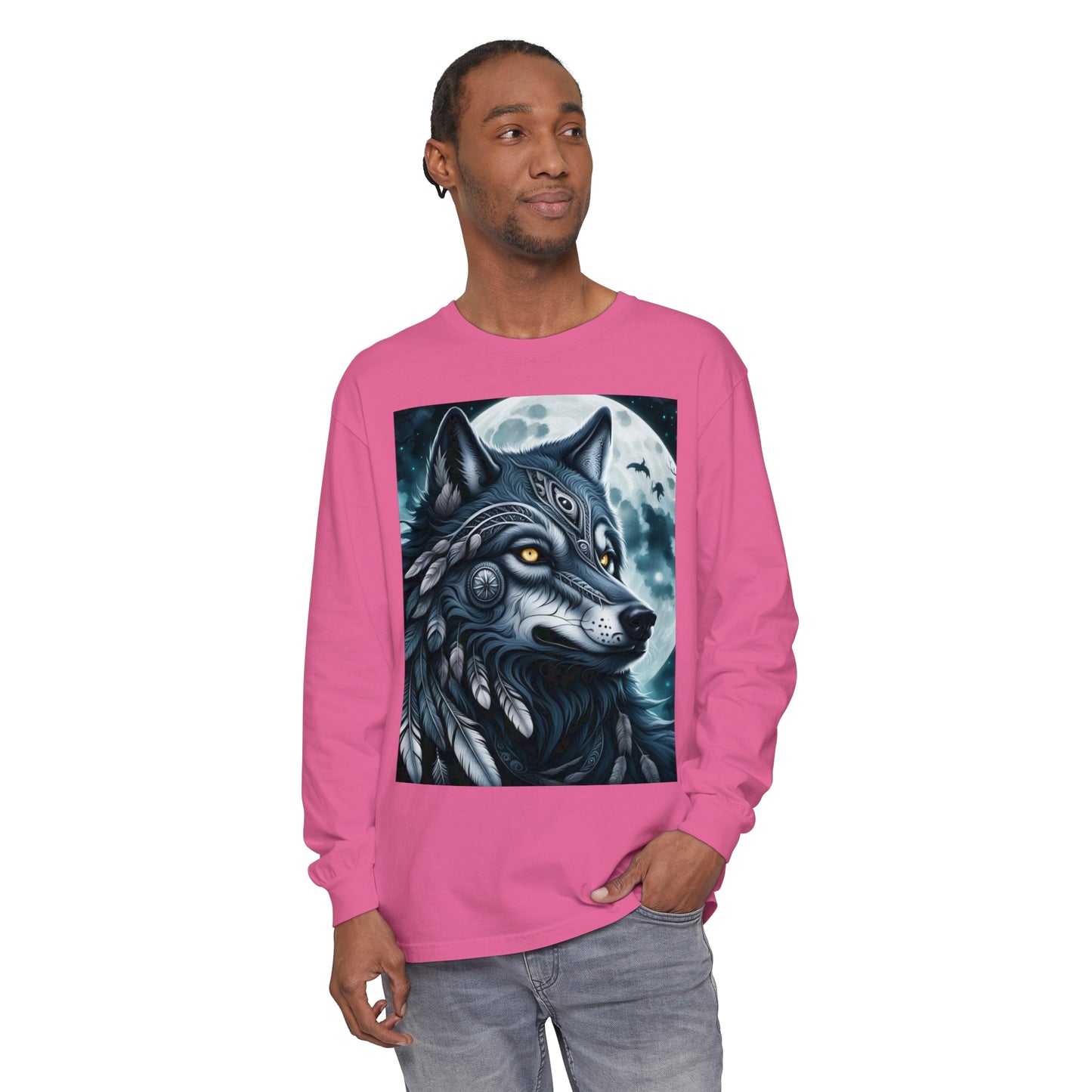 Long-Sleeved Tee Spirit Wolf Shirt, Indian Wolf Design Tribal Headdress Tee, Black and White Apparel, Casual Long Sleeve Wolf Top, Artistic Wolf Design.