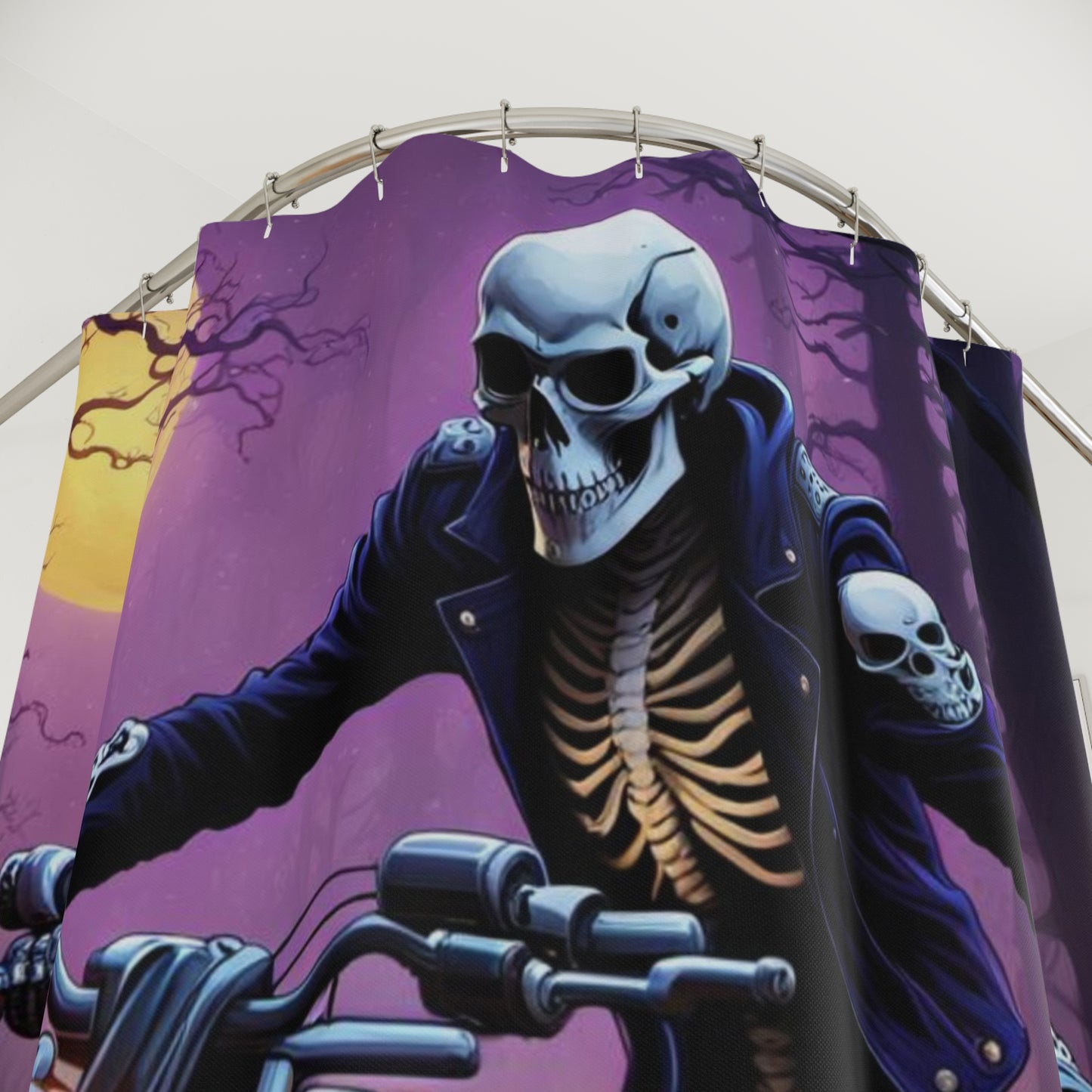 Skull Rider Shower Curtain, Gothic Motorcycle Bathroom Decor, Purple Night Sky Bathroom Accessory, Edgy Skull and Moon Design Curtain, Midnight Biker Shower Curtain.