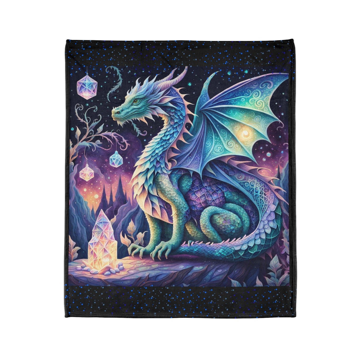 Dragon blanket, Crystal garden Fantasy blanket, Soft polyester blanket, Cozy bedding, Mythical creatures Fantasy décor, Crystal-themed blanket, Soft Polyester Blanket.