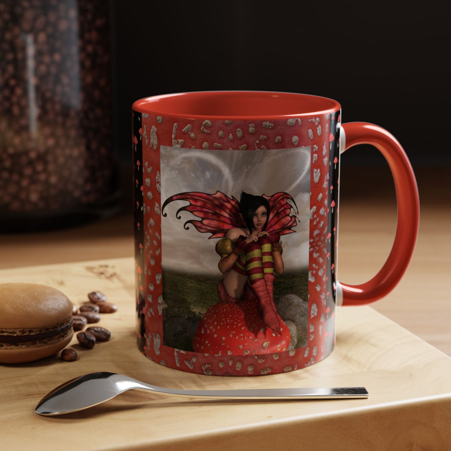 Fairy Coffee Mug, Red Mushroom Fairy Cup, Whimsical Ceramic Mug, Black and Red Mushroom Mug, Nature-Inspired Drinkware, Magical Fairy Tale Coffee Cup, (11, 15oz)