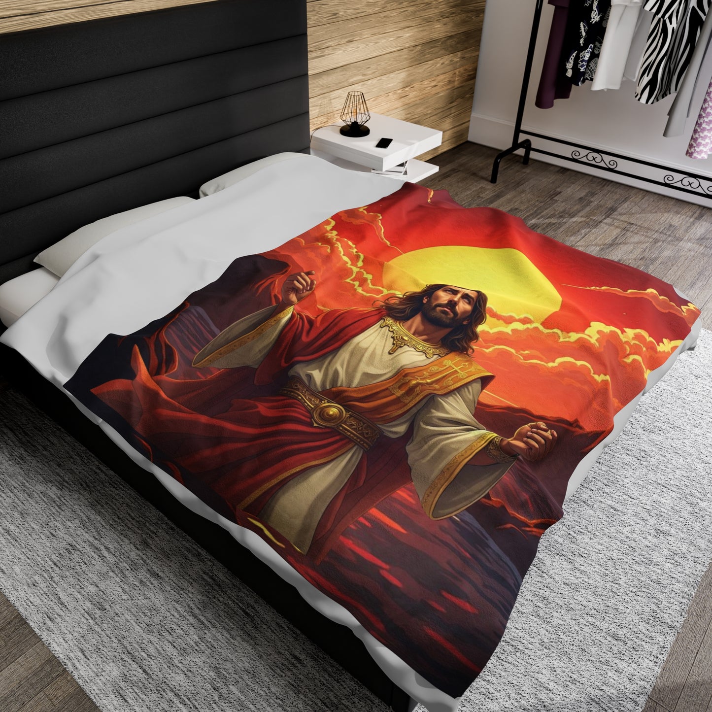 Jesus sunrise blanket, Spiritual decor blanket, Religious comfort throw, Inspirational Christian blanket, Sunrise with Jesus design Faith-based blanket, Peaceful morning scene, Velveteen Plush Blanket.