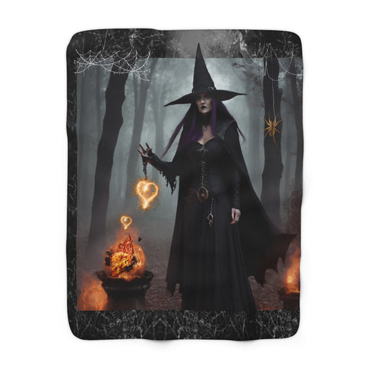 Witch and Cauldron Sherpa Blanket, Magical Love Spell Blanket, Mystical Witch-Themed Blanket, Fire Cauldron Blanket, Moonlit Witch Decor Blanket, Cozy Fleece Blanket.