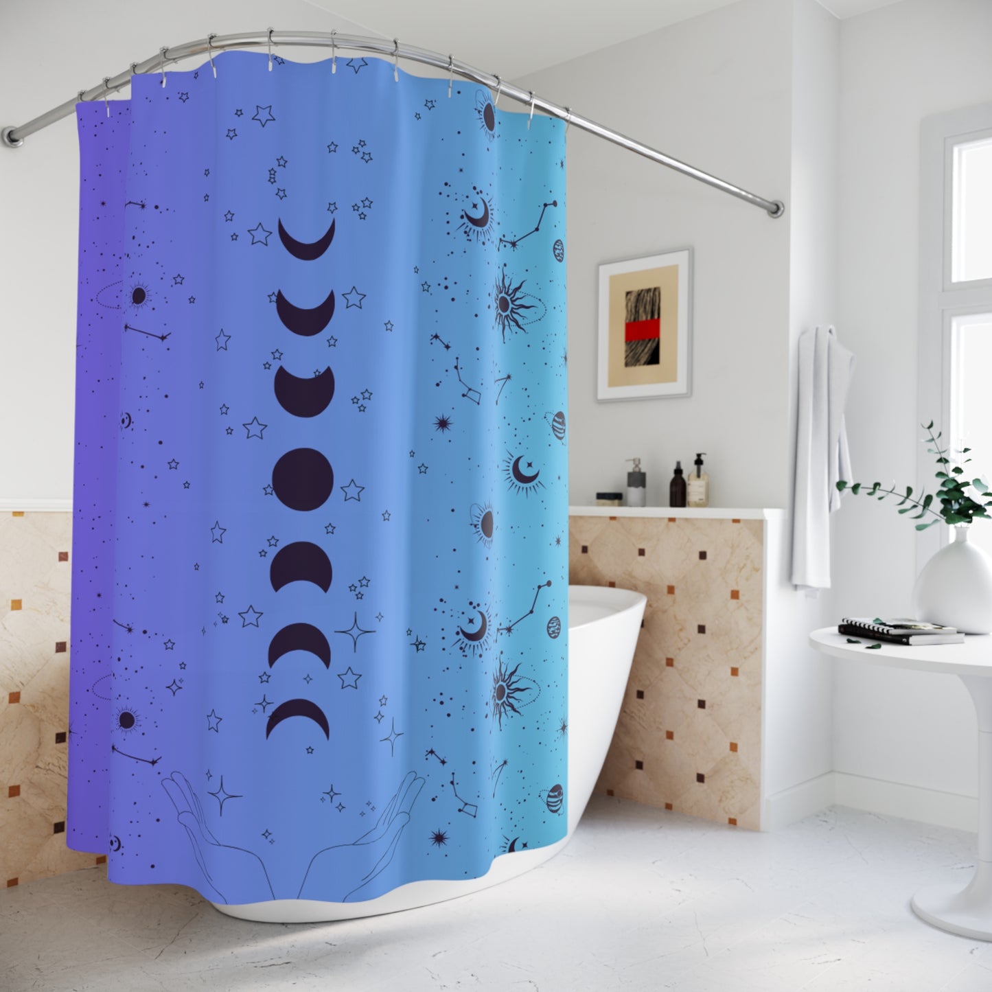 Purple and Aqua Shower Curtain, Moon Phases Bathroom Decor, Star Signs Shower Curtain, Astrology-Themed Bathroom Accessories,