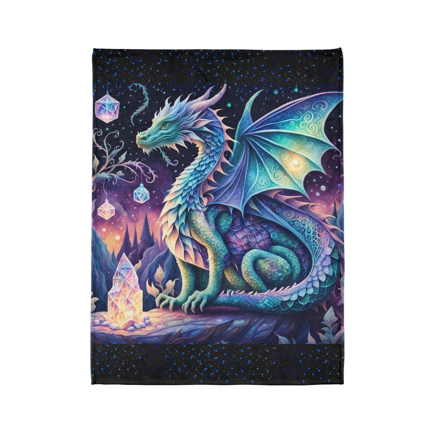 Dragon blanket, Crystal garden Fantasy blanket, Soft polyester blanket, Cozy bedding, Mythical creatures Fantasy décor, Crystal-themed blanket, Soft Polyester Blanket.