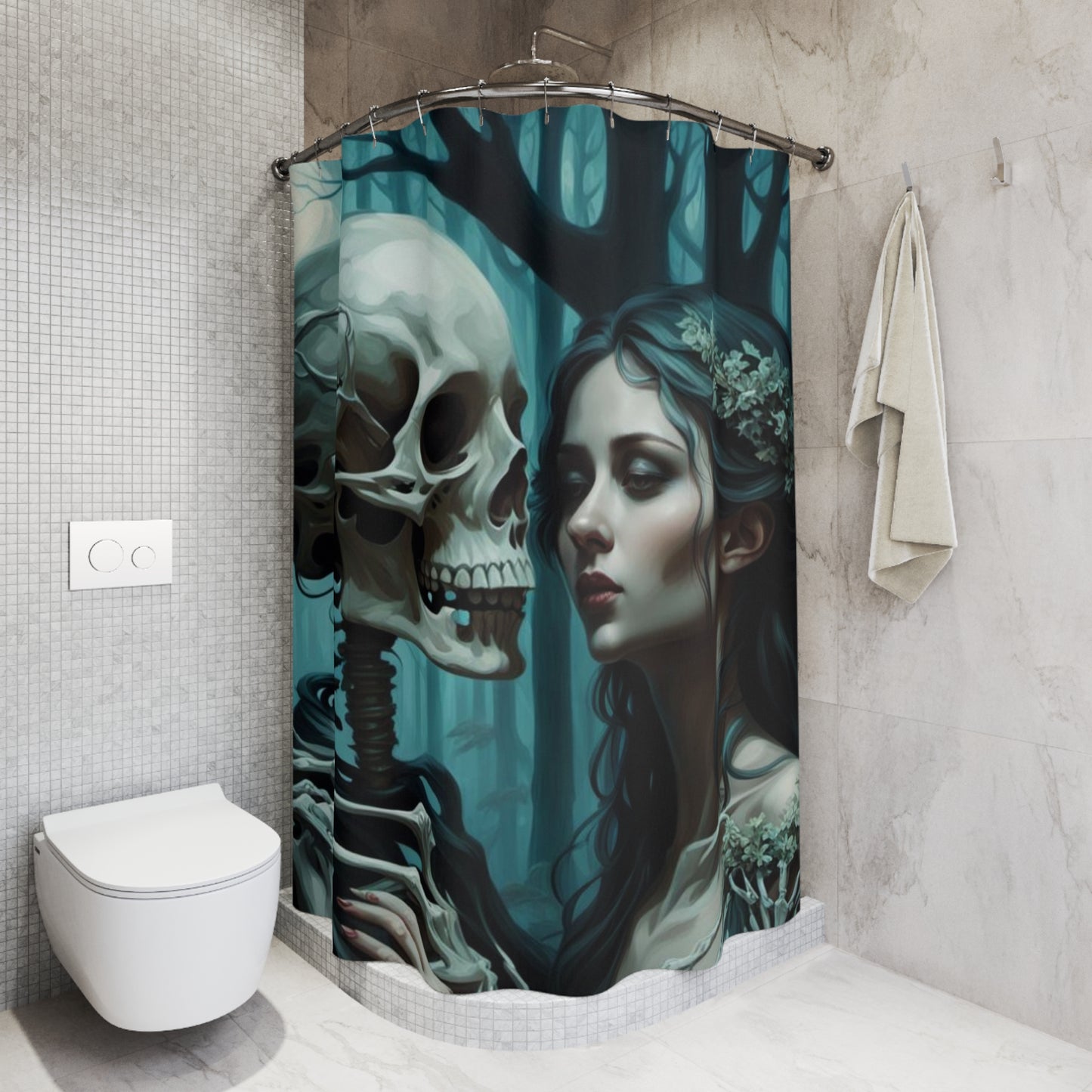 Gothic Love Skull Shower Curtain, Romantic Skull and Lady Bathroom Decor, Gothic Skeleton Shower Curtain, Artistic Skull Couple Embrace Curtain