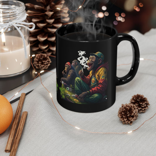 Funny Monkeys Coffee Cup, Cannabis-Inspired Mug Black Ceramic, Mug with Weed Design, Whimsical Monkey Grass Scene Cup, Stoner Humor Coffee Mug.