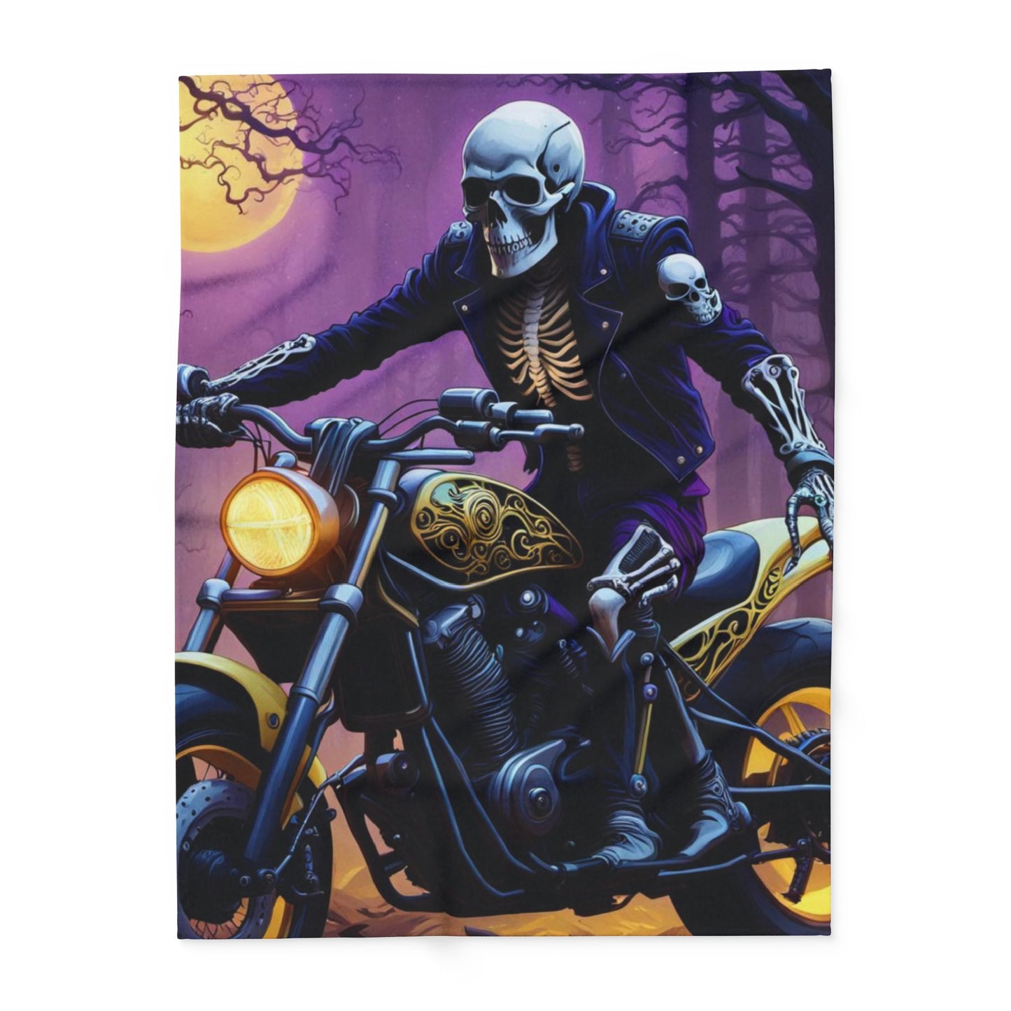 Gothic Motorcycle Cozy Throw, Purple and Gold Bike Blanket, Midnight Skull Rider Blanket, Edgy Gothic Night Sky Decor Soft Fleece, Skull Biker Blanket.