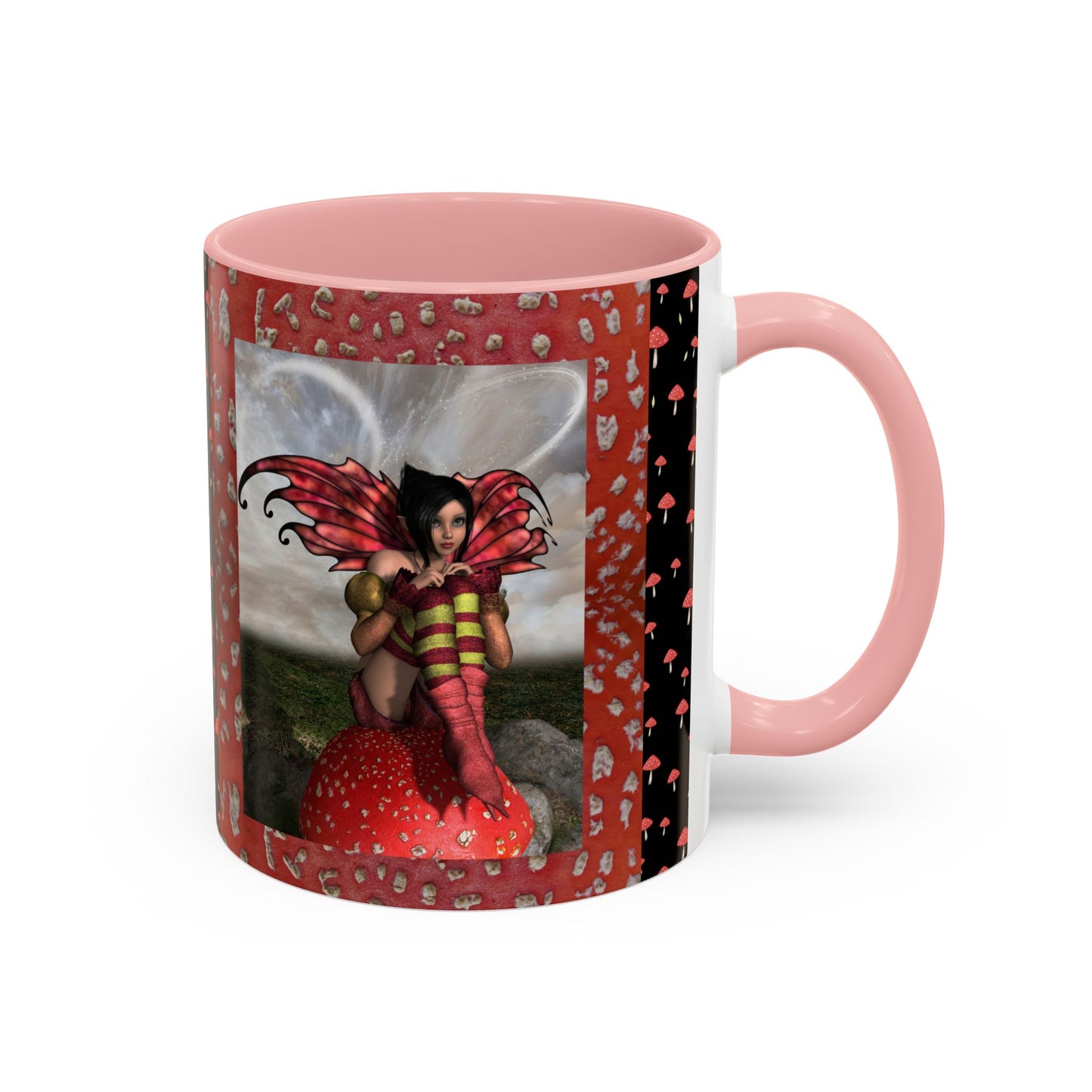 Fairy Coffee Mug, Red Mushroom Fairy Cup, Whimsical Ceramic Mug, Black and Red Mushroom Mug, Nature-Inspired Drinkware, Magical Fairy Tale Coffee Cup, (11, 15oz)