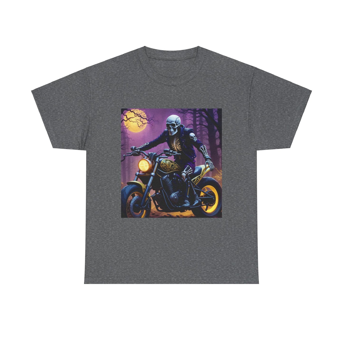 Skull Rider Graphic Tee, Midnight Biker T-Shirt, Gothic Motorcycle Cotton Shirt, Edgy Skull and Bike Design Shirt, Gothic Moon and Motorcycle Shirt.