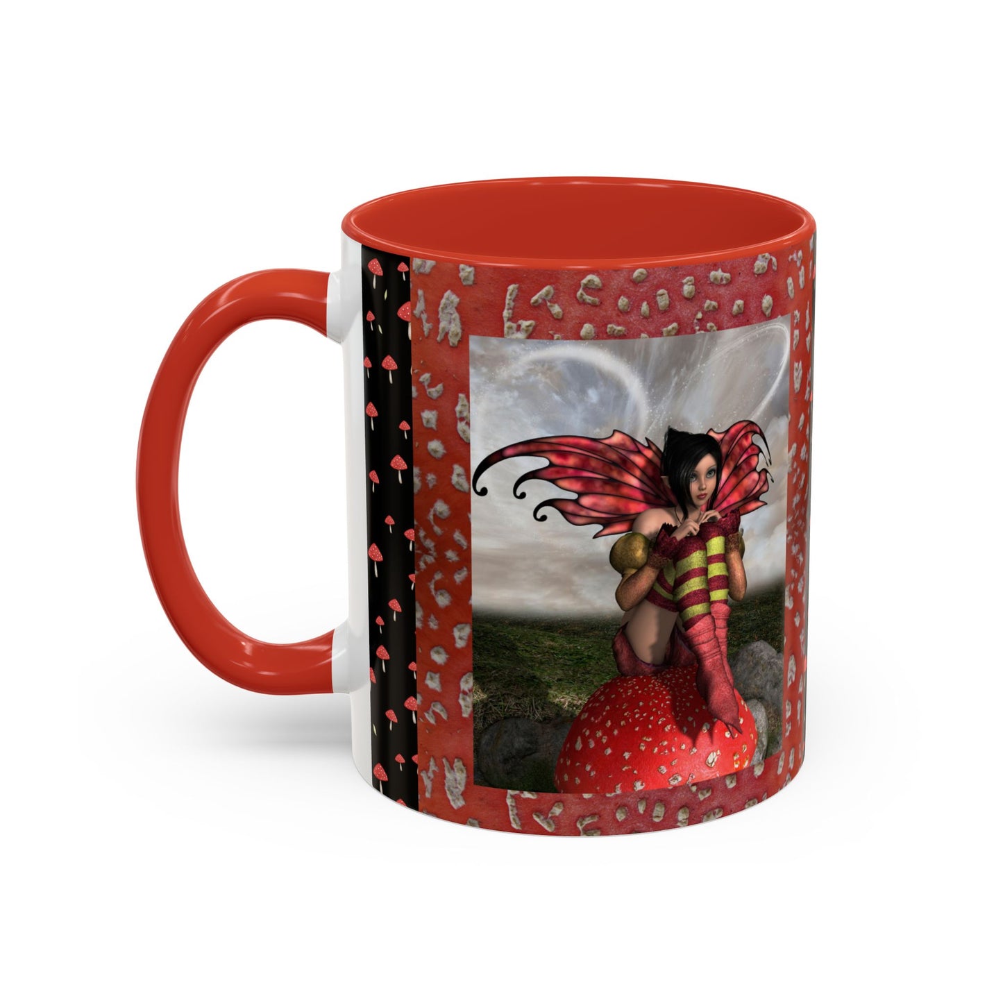 Fairy Coffee Mug, Red Mushroom Fairy Cup, Whimsical Ceramic Mug, Black and Red Mushroom Mug, Nature-Inspired Drinkware, Magical Fairy Tale Coffee Cup, (11, 15oz)