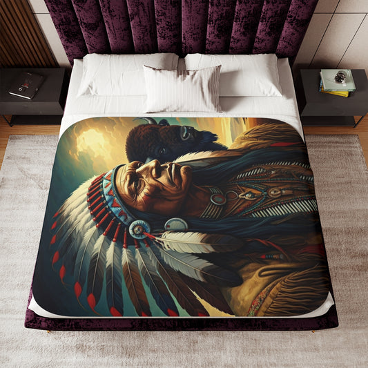 Chief and buffalo blanket, spirit buffalo blanket, Native American design blanket, sherpa blanket, tribal art blanket, cultural blanket, Native American chief blanket, Sherpa Blanket, Two Colors.