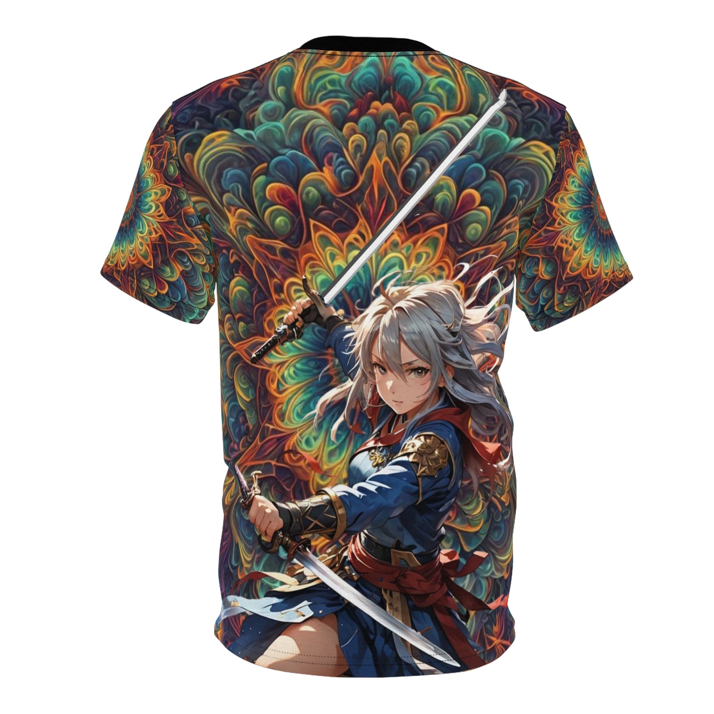 Rainbow Katana Girl T-shirt, Anime Sword Girl Tee, Colorful Samurai Girl T Shirt, All-Over Print Rainbow Graphic Tee, Gift for Anime Lovers,