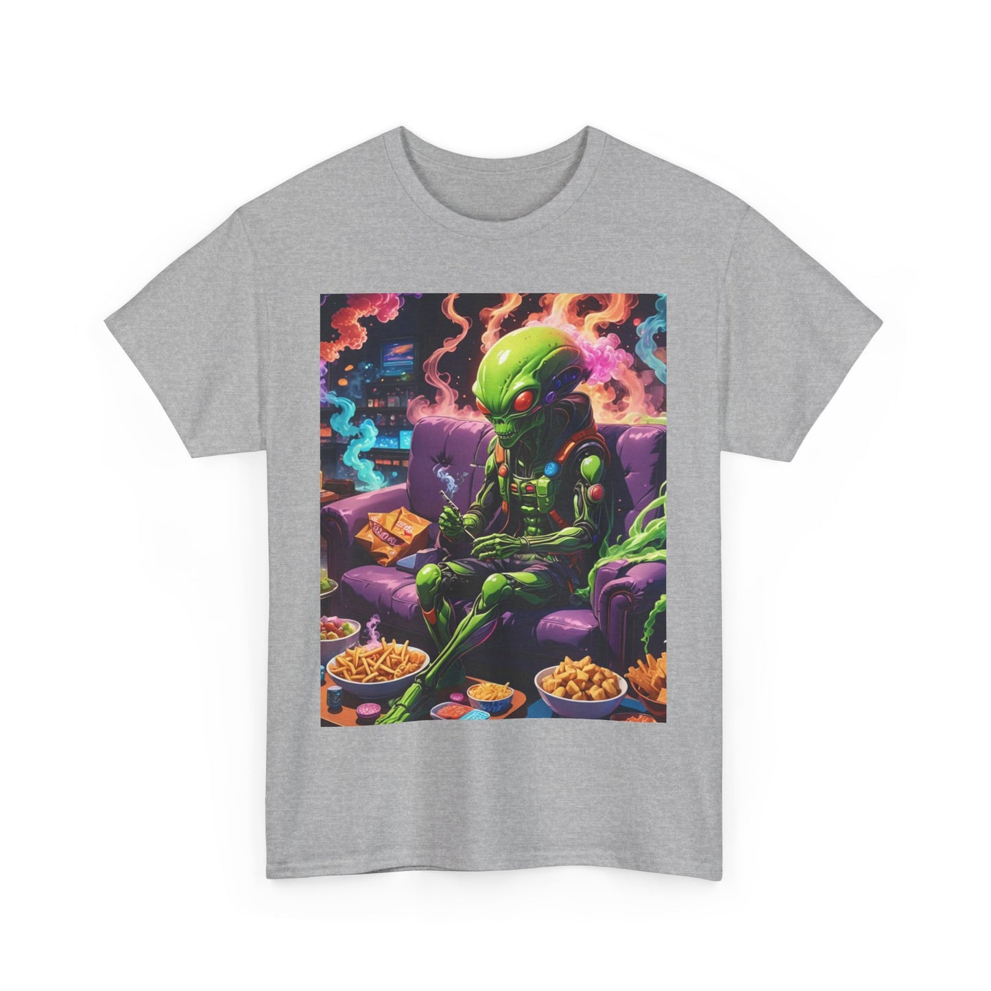 Alien Chilling Weed Tee, Fun Graphic Alien T-Shirt, Colorful Smoke Alien Design Shirt, Unique Weed-Themed Clothing, Unisex Heavy Cotton Tee.