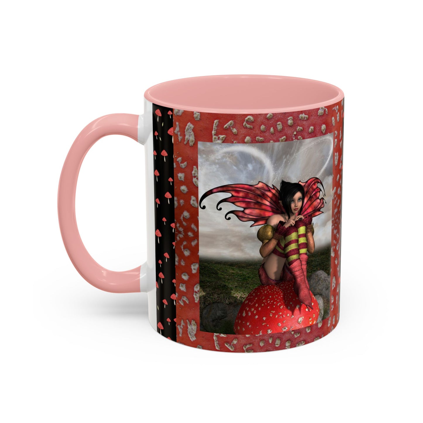 Fairy Coffee Mug, Red Mushroom Fairy Cup, Whimsical Ceramic Mug, Black and Red Mushroom Mug, Nature-Inspired Drinkware, Magical Fairy Tale Coffee Cup, (11, 15oz)