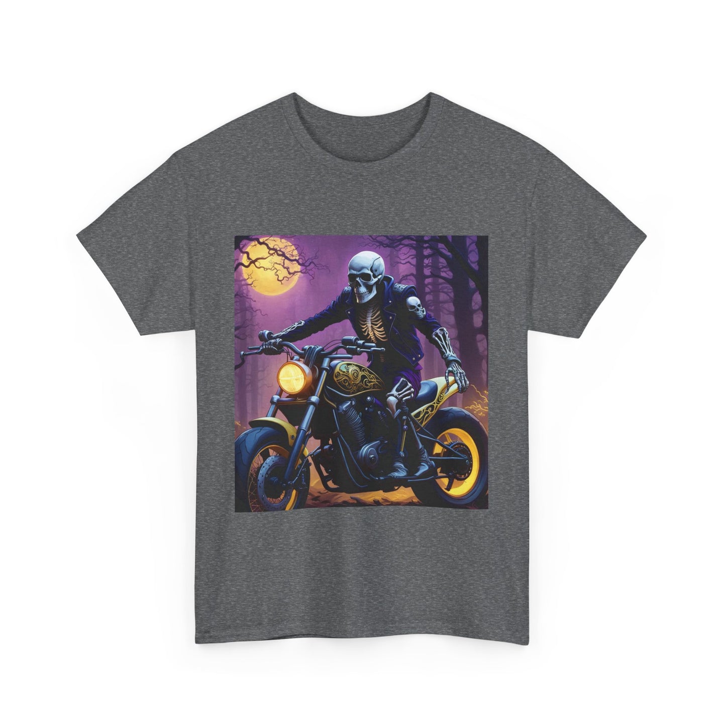 Skull Rider Graphic Tee, Midnight Biker T-Shirt, Gothic Motorcycle Cotton Shirt, Edgy Skull and Bike Design Shirt, Gothic Moon and Motorcycle Shirt.