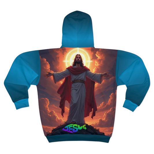 Jesus Hoodie, Prayer Hands Hoodie, Hooded Sweatshirt w Jesus, Religious Zip Up Hoodie, Religious gift, Lover of Jesus Hoodie, Unisex Zip Hoodie, Color Blue fade to Black, (AOP)Unisex Zip Hoodie (AOP)