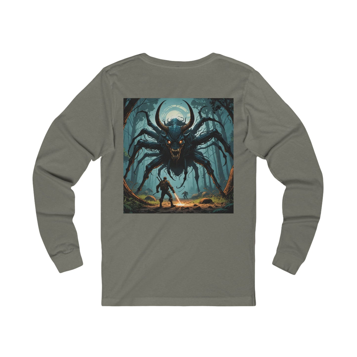 horror long-sleeve design on the back, Halloween shirt, creepy spider design, giant spider graphic, spooky long-sleeve, horror lover long sleeved Shirt, oversized spider tee, Jersey Long Sleeve Tee