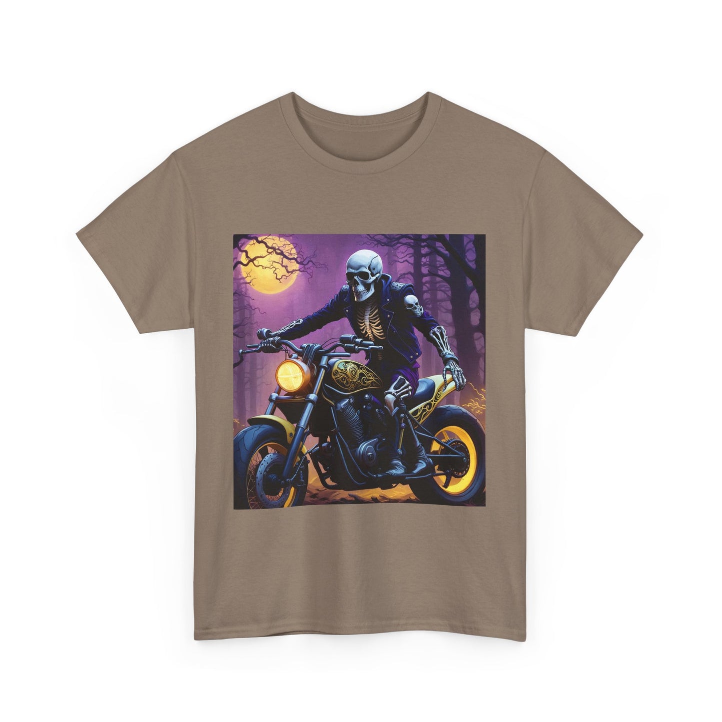 Skull Rider Graphic Tee, Midnight Biker T-Shirt, Gothic Motorcycle Cotton Shirt, Edgy Skull and Bike Design Shirt, Gothic Moon and Motorcycle Shirt.