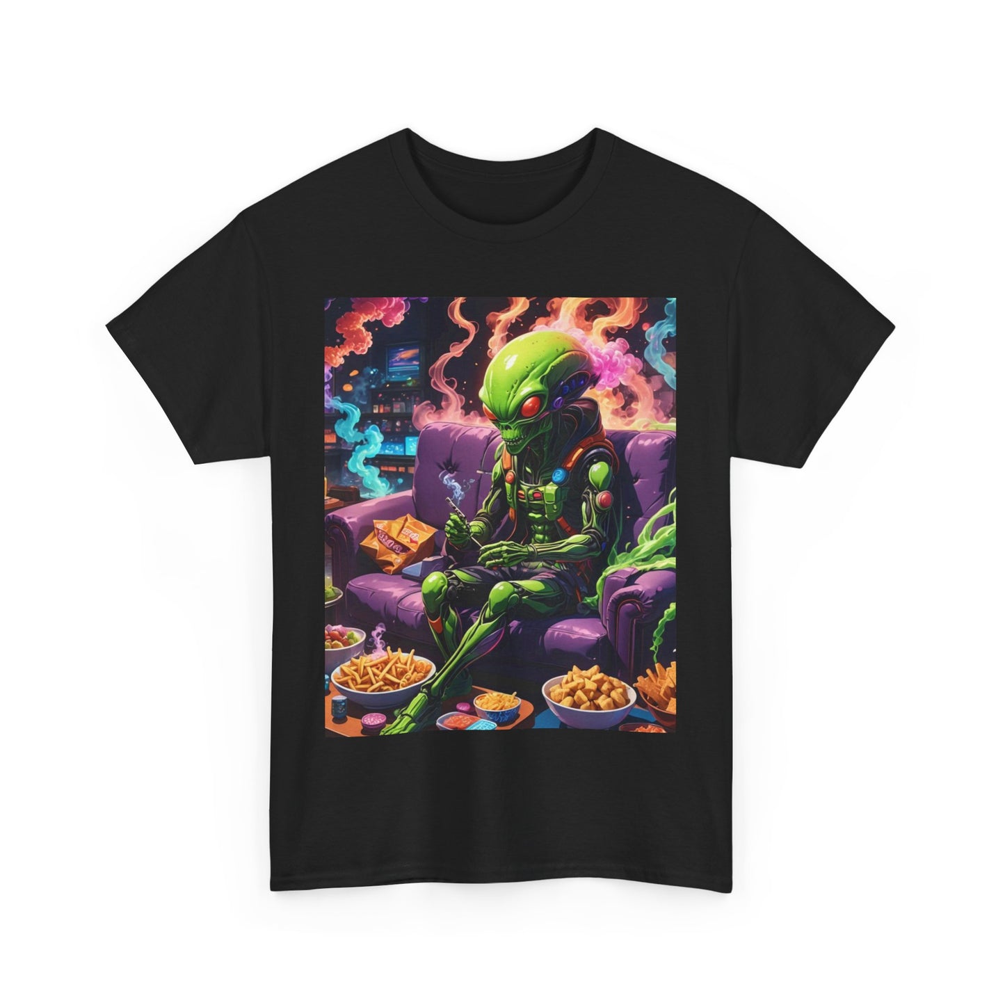 Alien Chilling Weed Tee, Fun Graphic Alien T-Shirt, Colorful Smoke Alien Design Shirt, Unique Weed-Themed Clothing, Unisex Heavy Cotton Tee.