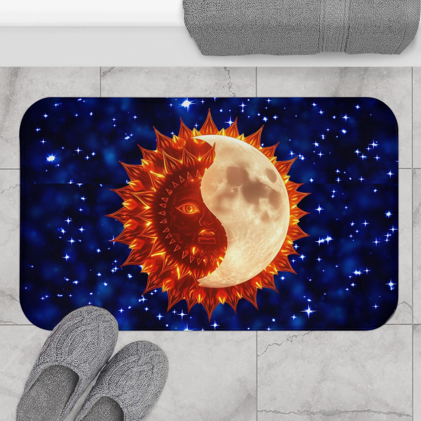 Sun and Moon Bathmat, Yin and Yang Bath Rug, Moon Bathroom mat, Sun Bathmat, Starry Bath Rug, Lover of Space Gift, Sun and Moon Lover Housewarming Gift, Bath Mat